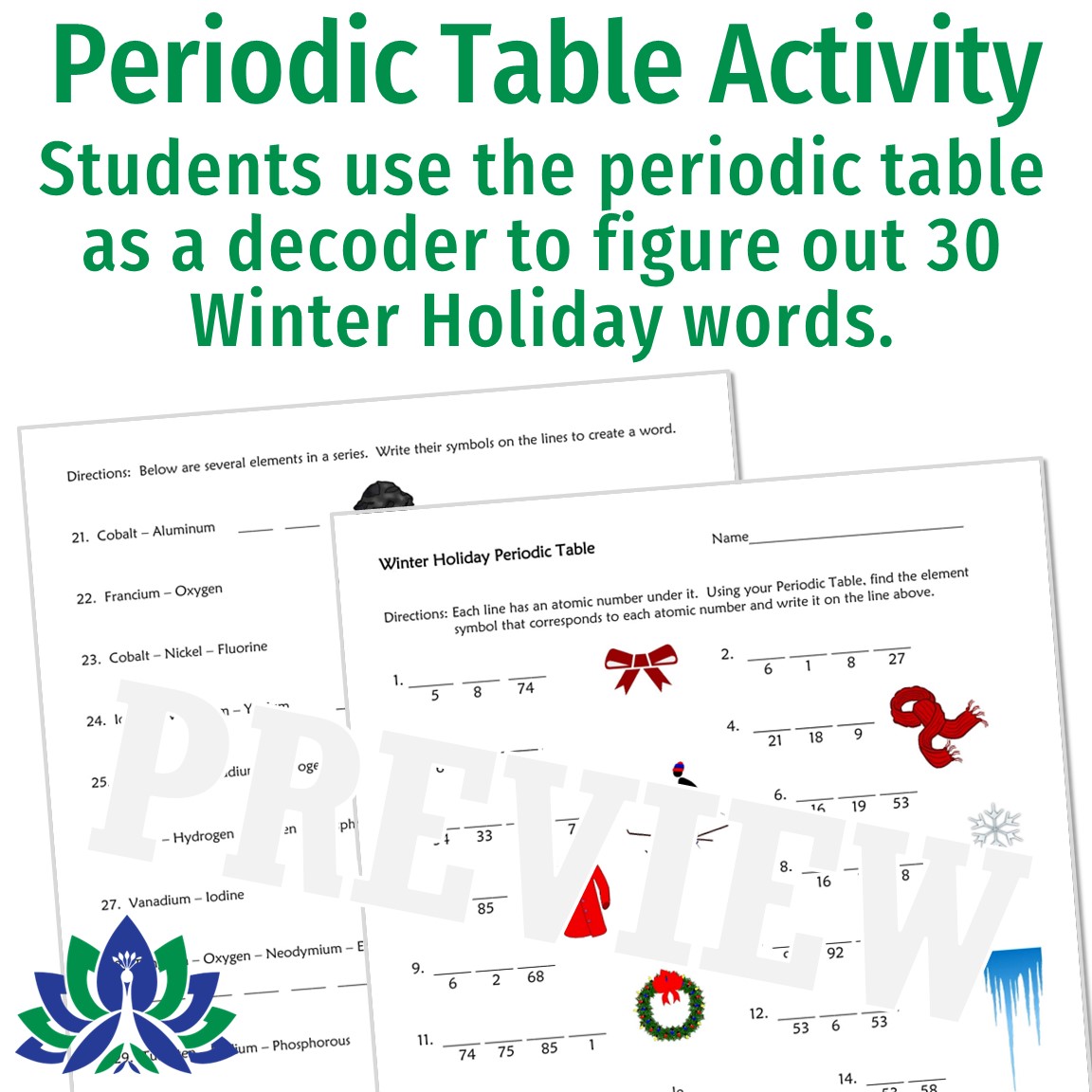 periodic table holiday christmas science worksheet - flying colors